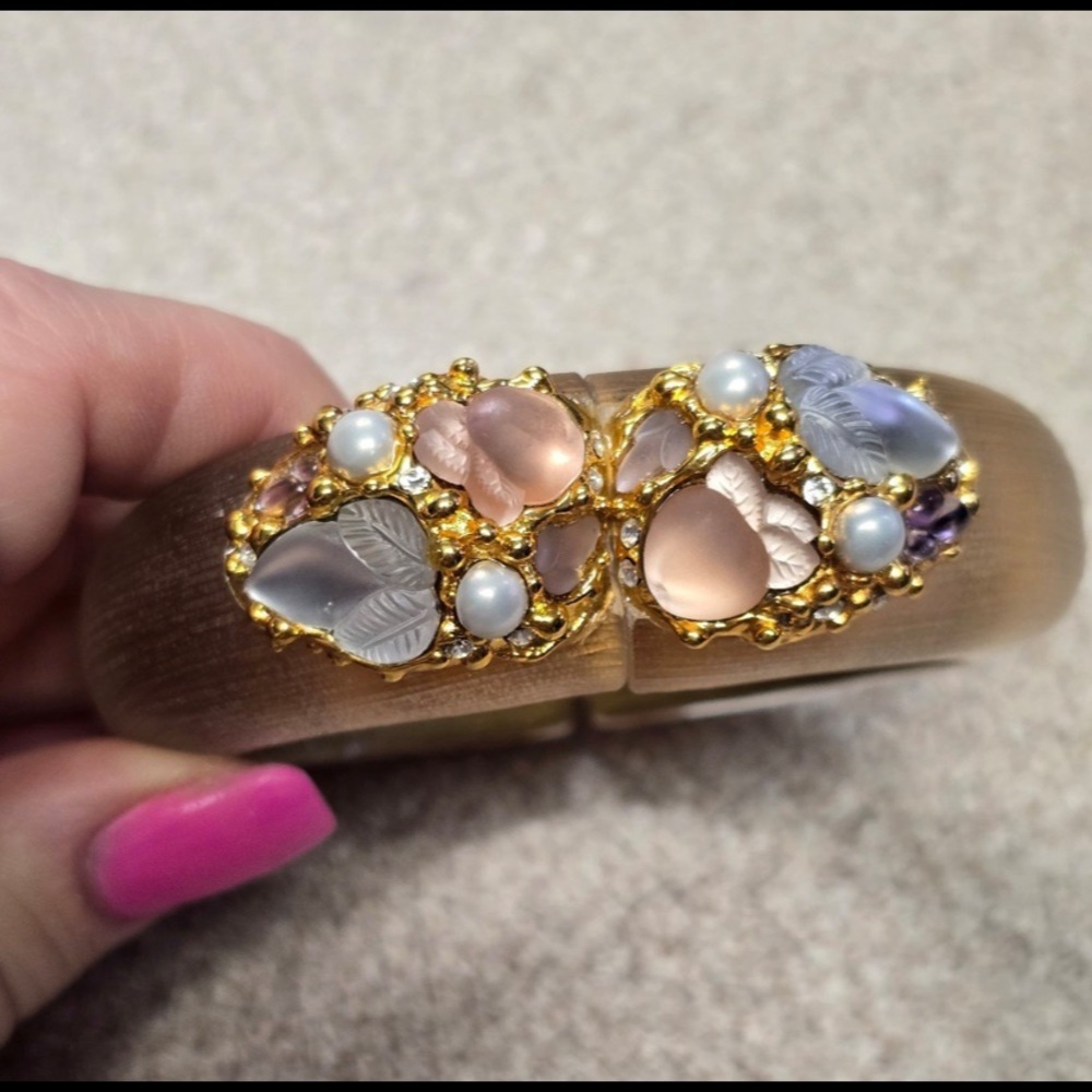 Alexis Bittar Beige Lucite w/Pastel Color Gems in Gold Tone Setting Bracelet.